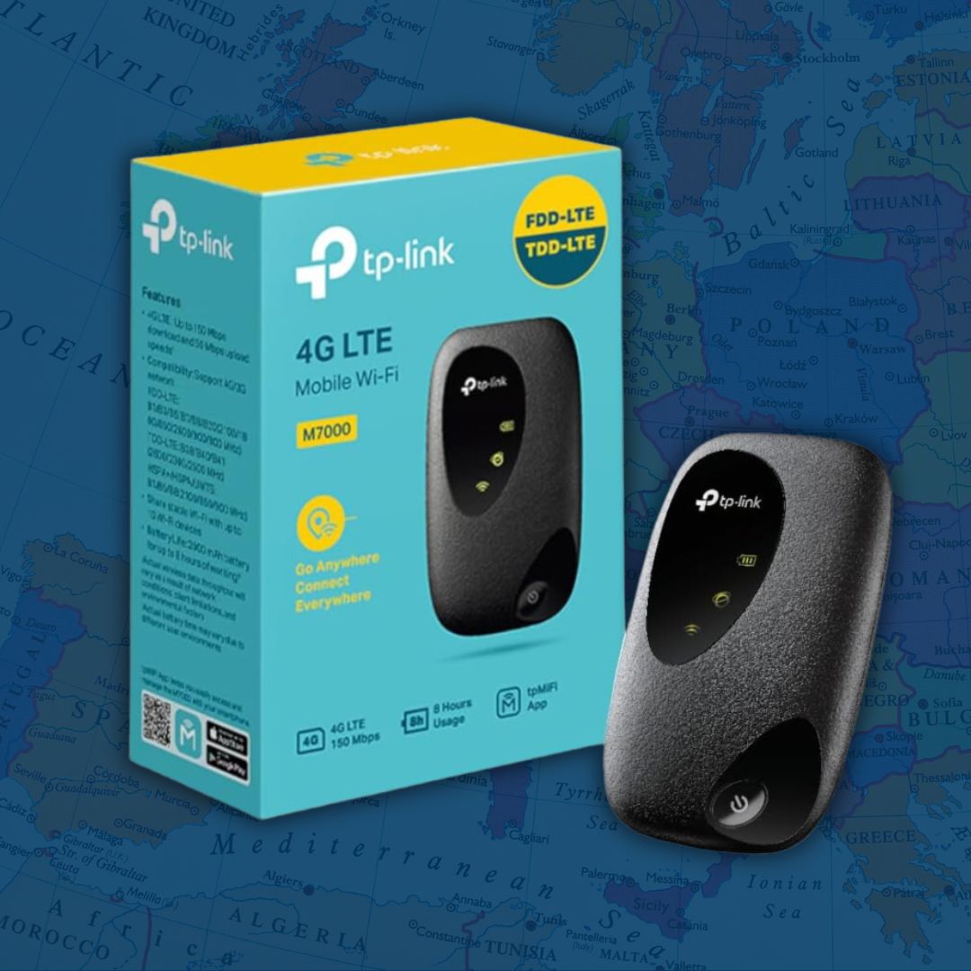 The TP-Link M7000 mifi router on a navy blue background which contains a slightly transparent World map.